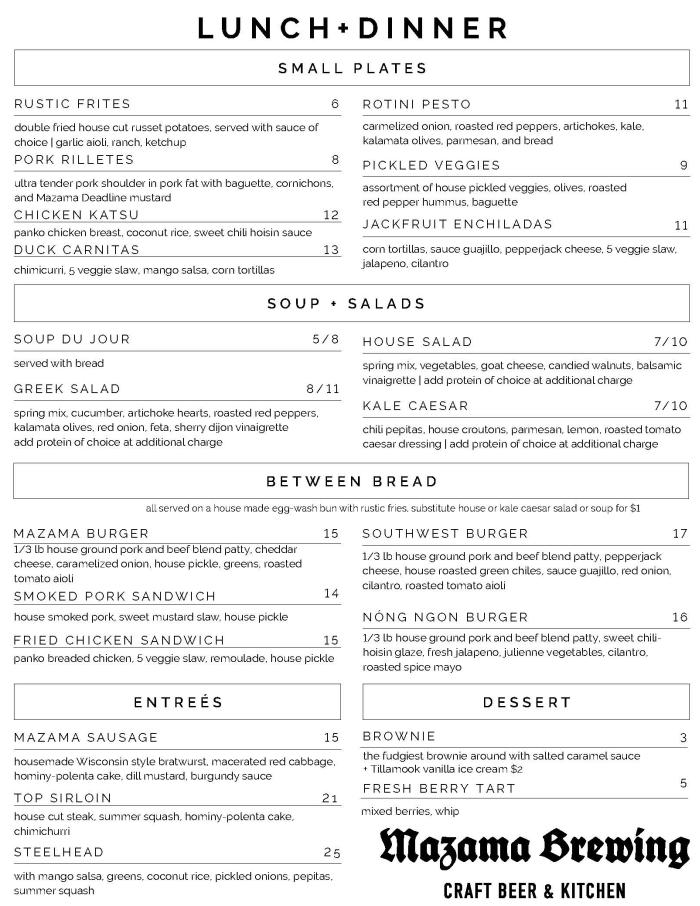 Menu for Mazama Brewing Craft Beer & Kitchen Corvallis, OR